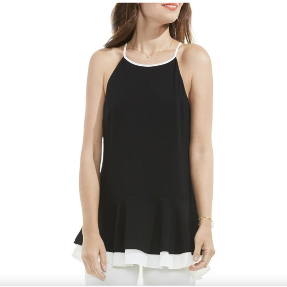 EUC VINCE CAMUTO Size Large Black Sleeveless Halter White Ruffle Trim Top - Picture 2 of 16